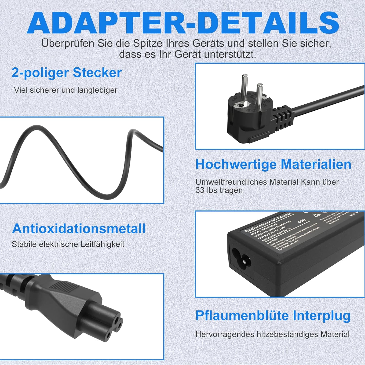Detalle de 65W Acer Laptop-Ladegerät kompatibel mit Acer Aspire & Swift Serien – vielseitiges Ersatznetzteil