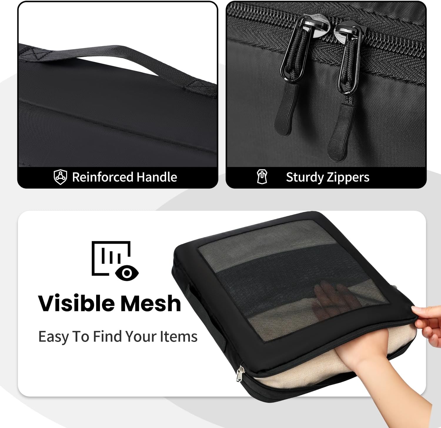 Detalle 2 de Prezon Packing Cubes for Suitcase 10 Set (Black) – lightweight travel organisers with see-through mesh