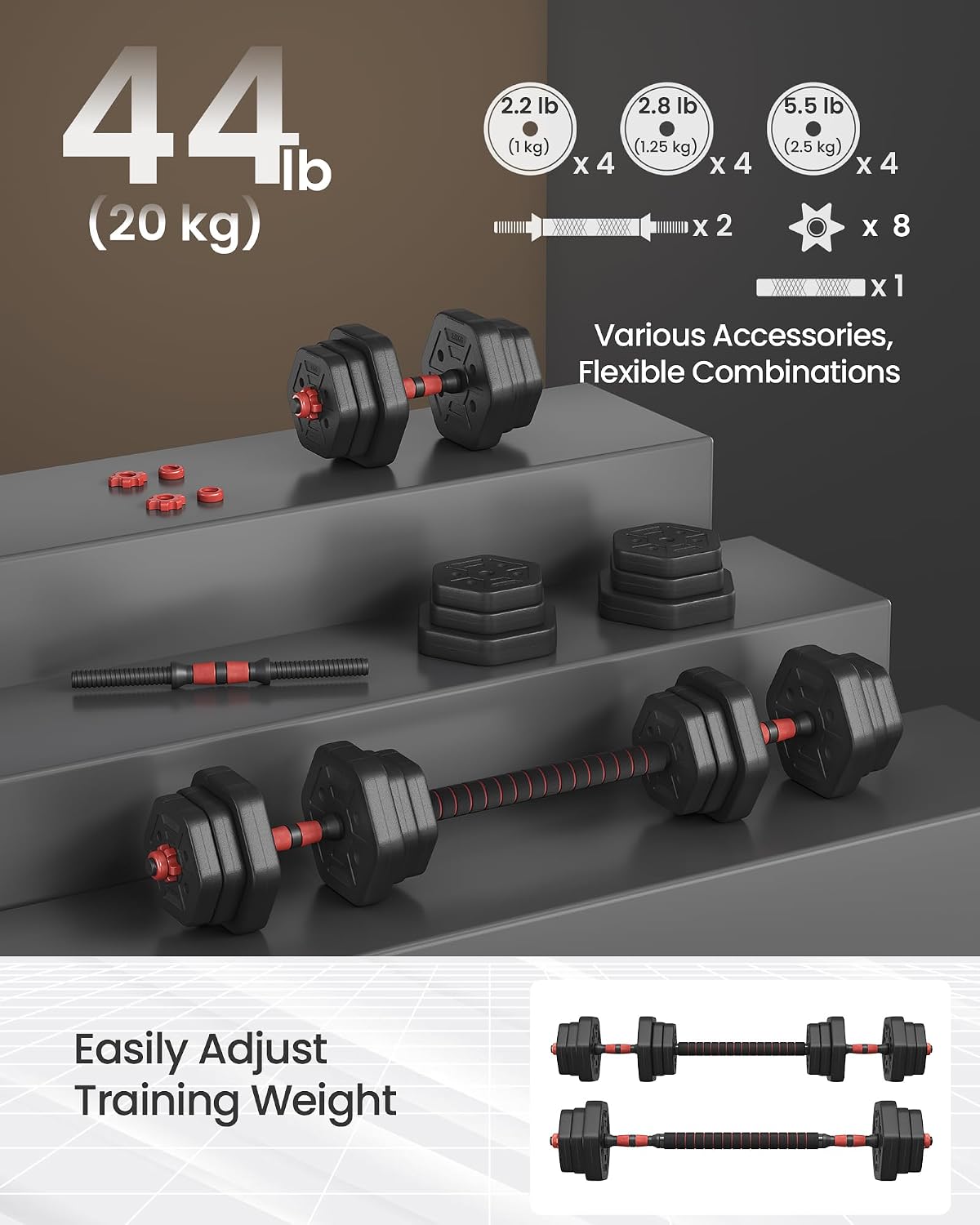 Thumbnail 4 de SONGMICS STEFAN Collection SYL200B01 Adjustable Dumbbell and Barbell Set, 20 kg