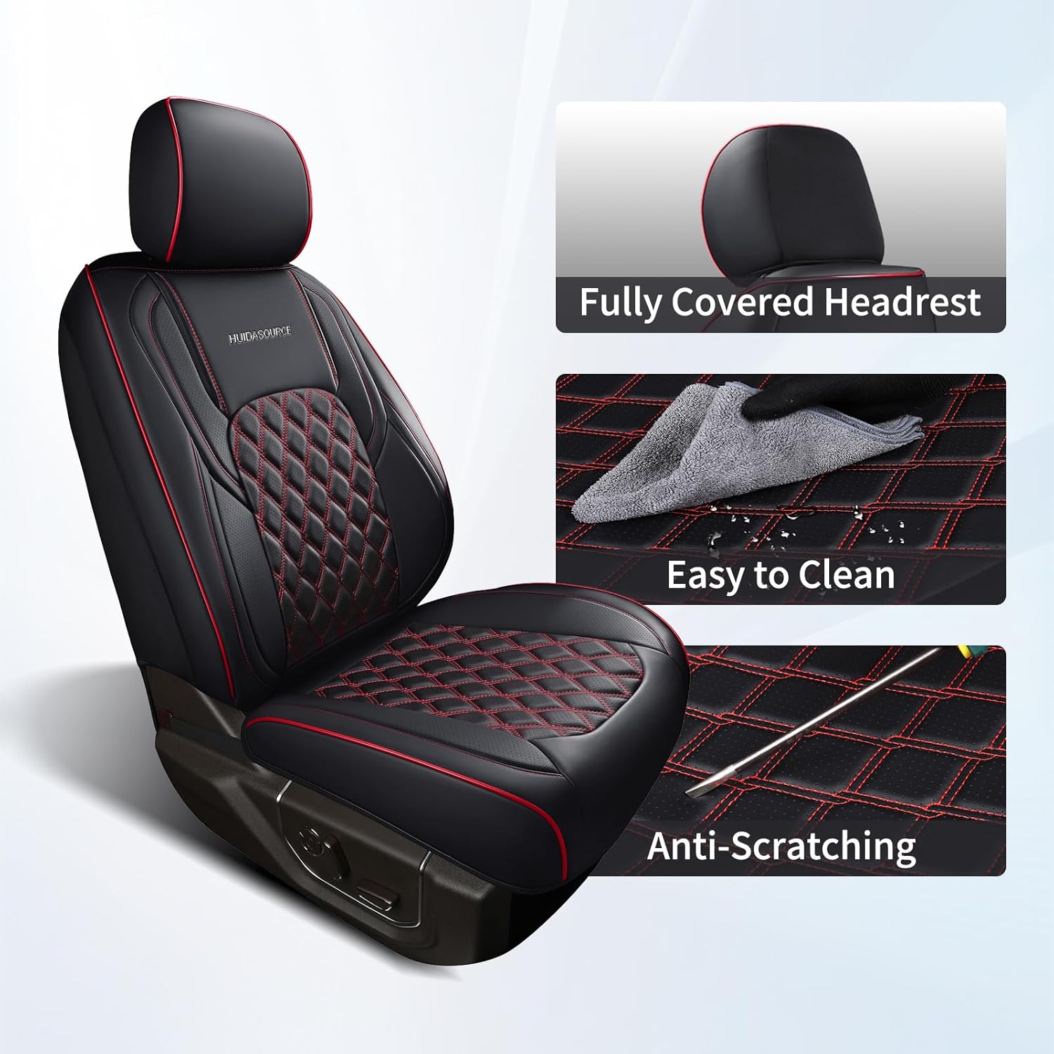 Thumbnail 6 de Huidasource Dodge Ram Seat Covers — Full Front & Rear Leather-Style Fit for 2009-2018 RAM 1500, 2010-2025 2500/3500 Crew Mega Cab, and 2019-2025 Ram 1500 Classic (Black & Red)