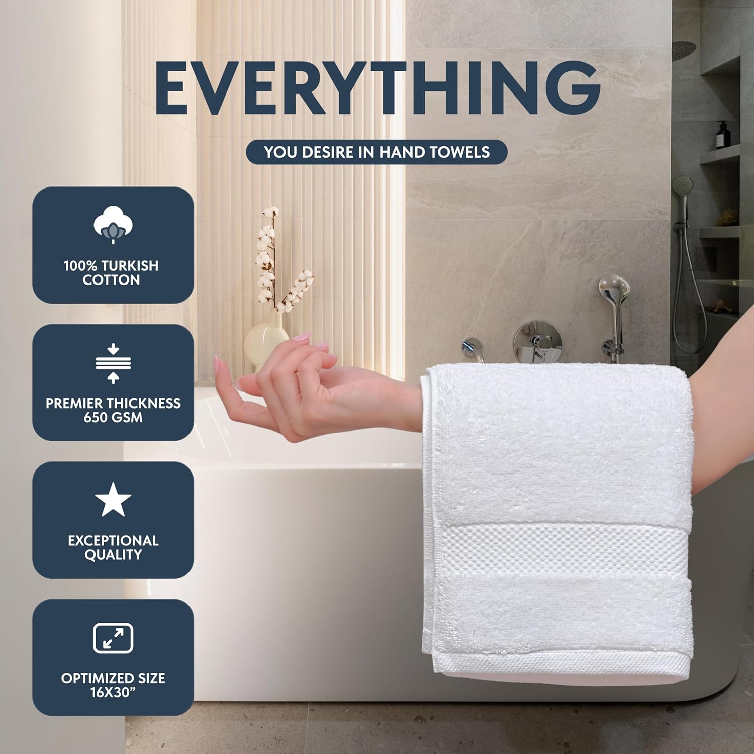 Detalle de Luxury White Hand Towels - 100% Turkish Cotton, 16x30 inches (Set of 6)