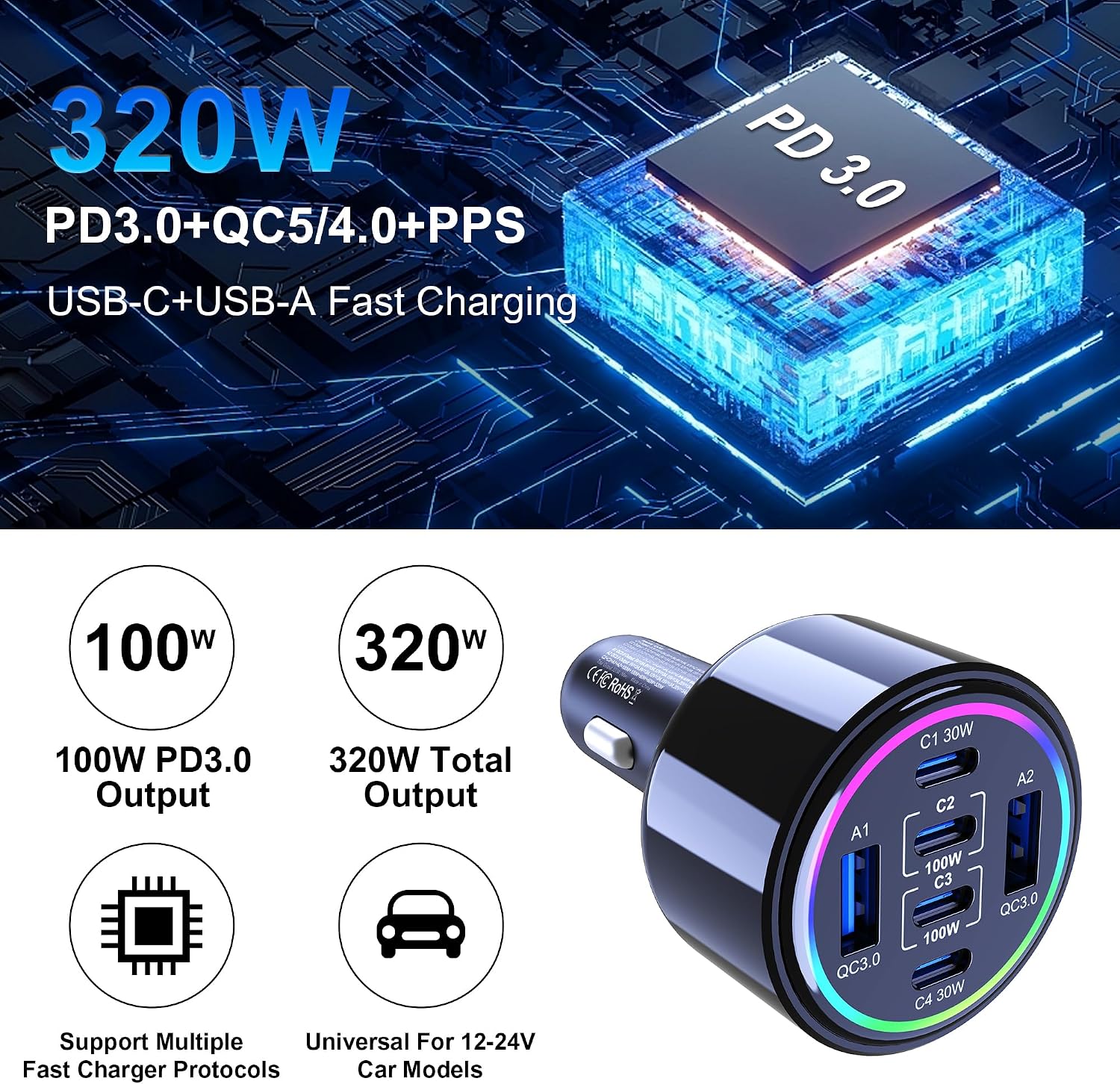Thumbnail 6 de 320W USB-C Car Charger with 6 Ports: PD3.0/QC4.0 PPS Fast Charging for iPhone, MacBook, and More