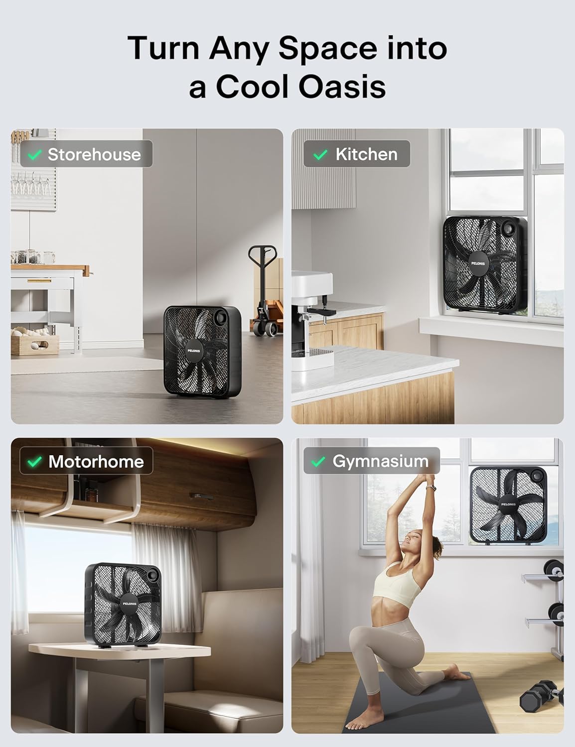 Detalle 2 de PELONIS 20 Inch Box Fan (3 Speeds) — Window Fan, Floor or Tabletop Cooling with Up to 2,295 CFM