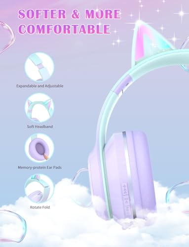 Detalle de Xunpuls Auriculares Bluetooth para niños con orejas de gato LED y micrófono