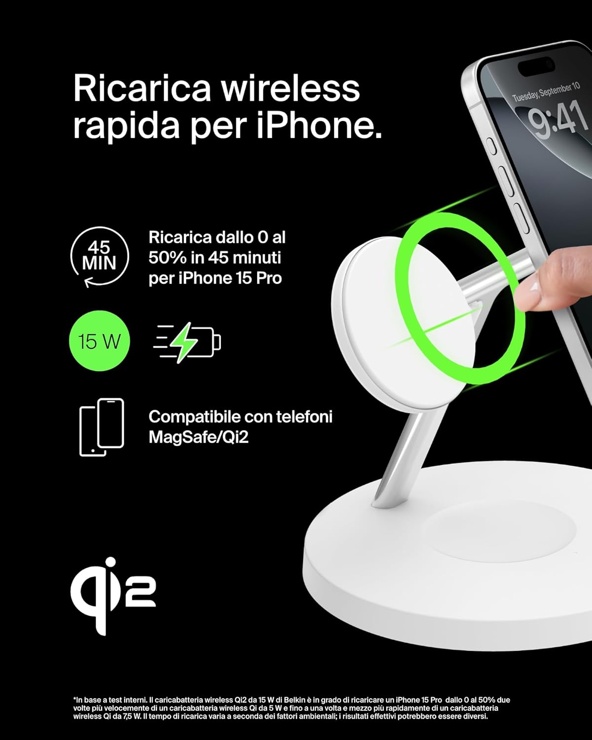 Thumbnail 2 de Belkin BoostCharge 3‑in‑1 caricatore wireless Qi2 per iPhone, Apple Watch e AirPods