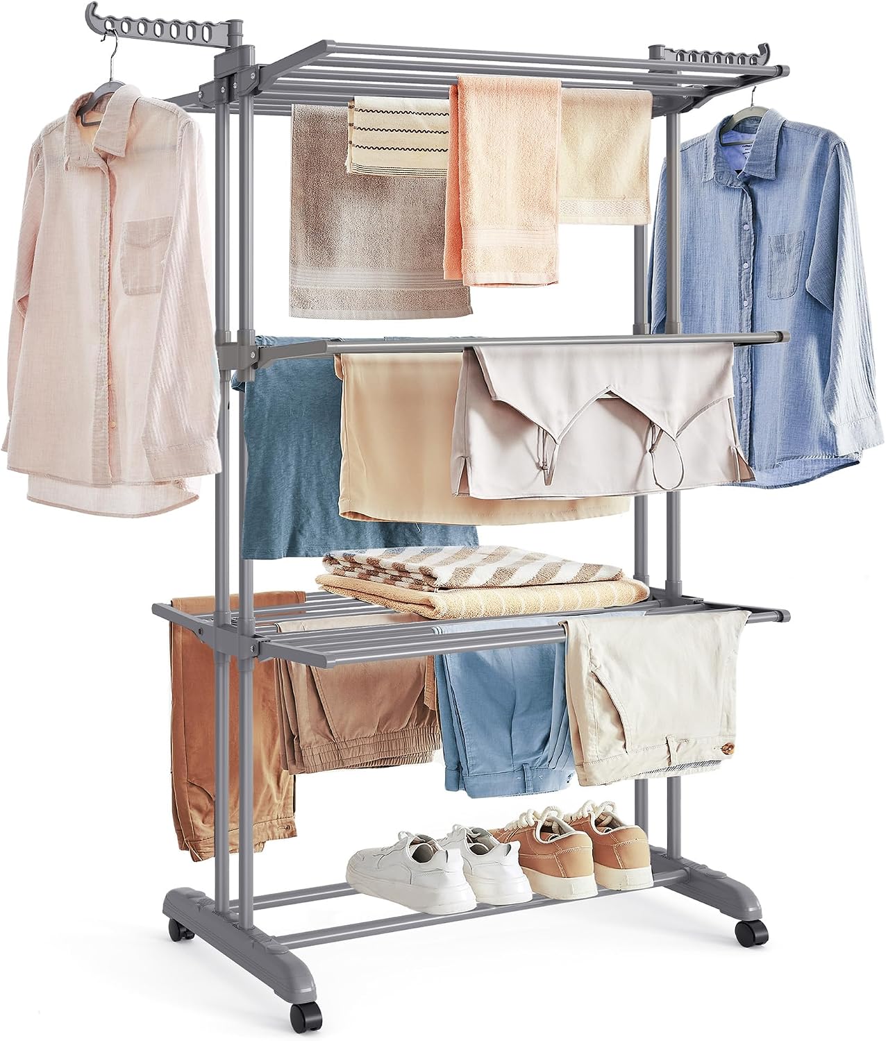 Detalle de SONGMICS Wäscheständer LLR701G01 – Standtrockner mit 4 Ebenen, klappbaren Flügeln und Rollen (63,5 x 128 x 173 cm)