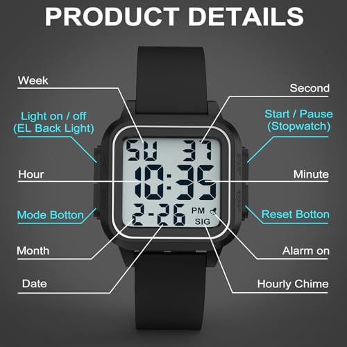 Thumbnail 6 de DTKID Adult Digital Watch, Square — 50M Waterproof, Easy Read, Black