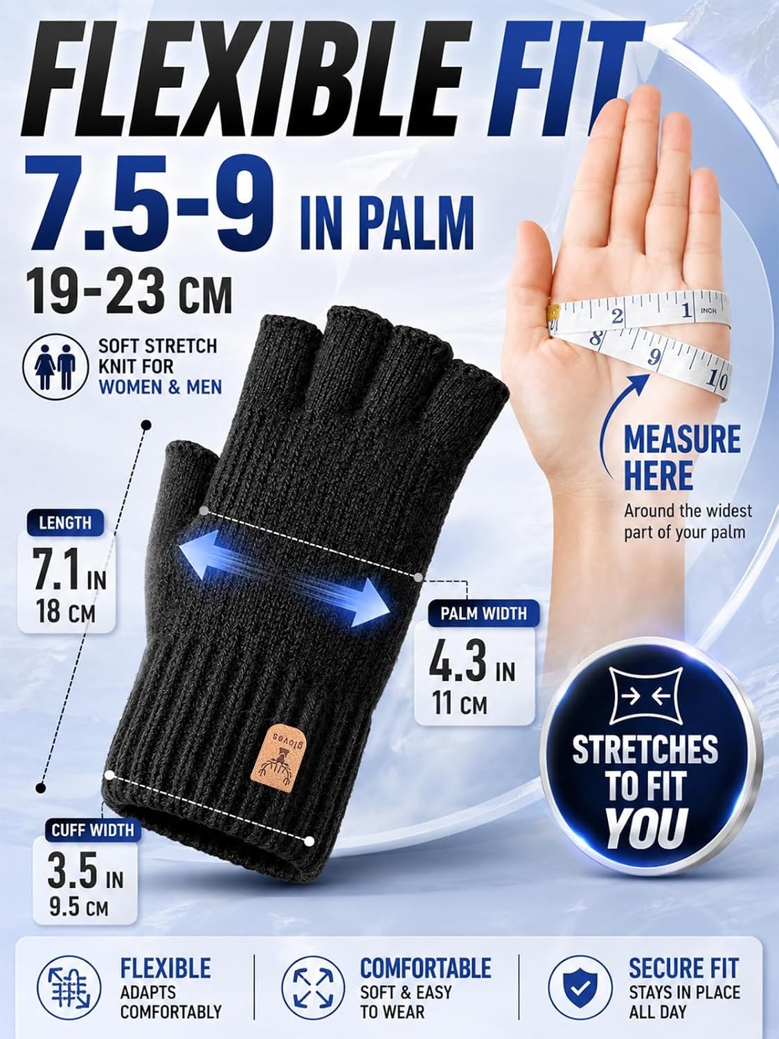 Detalle 2 de JUNRUI Fingerless Winter Gloves, 2-Pair Black Knit Set with Fleece Lining