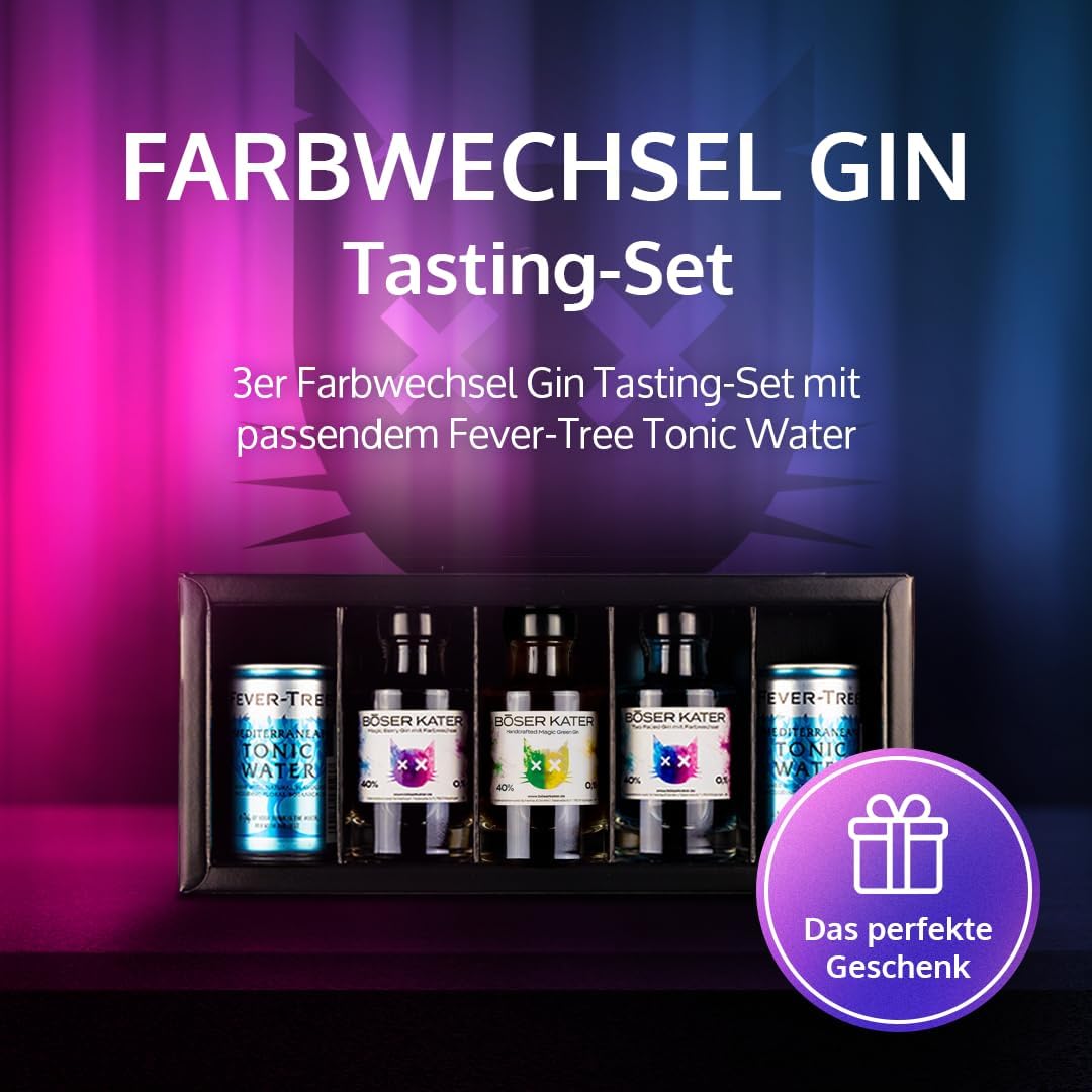 Detalle de BÖSER KATER Farbwechsel Gin Tasting-Set – Geschenkbox mit 3 Sorten Farbwechsel Gin und Fever-Tree Tonic (bis zu 5 Personen)
