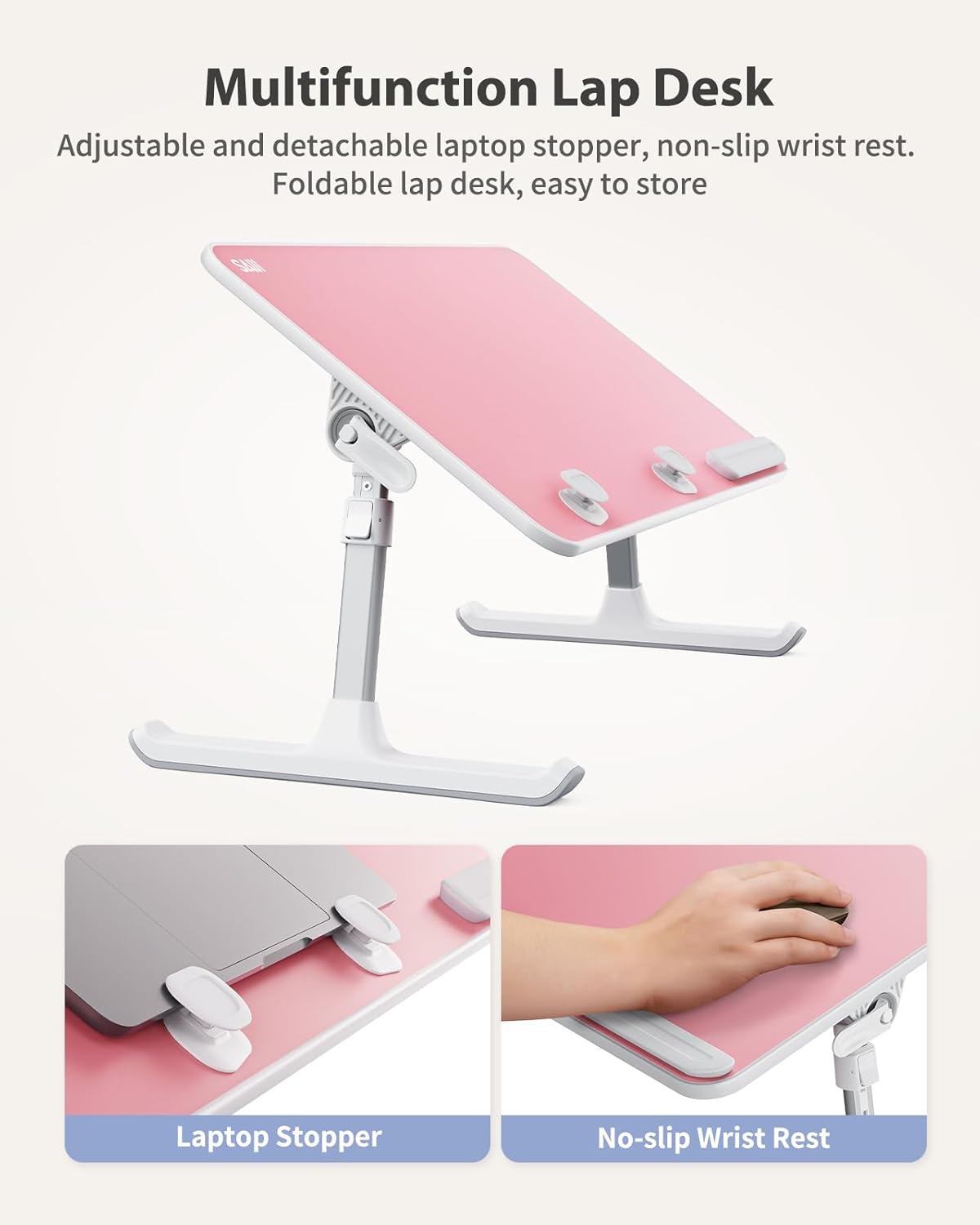 Detalle 2 de SAIJI Height & Angle Adjustable Laptop Stand for Bed (52 × 30 cm, Pink)
