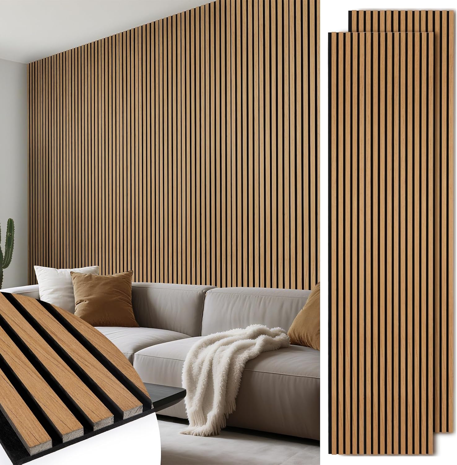 Detalle de LarWorks AP1062TK02-01 Acoustic Wood Slat Panels, Teak, 106.3-Inch 2-Pack