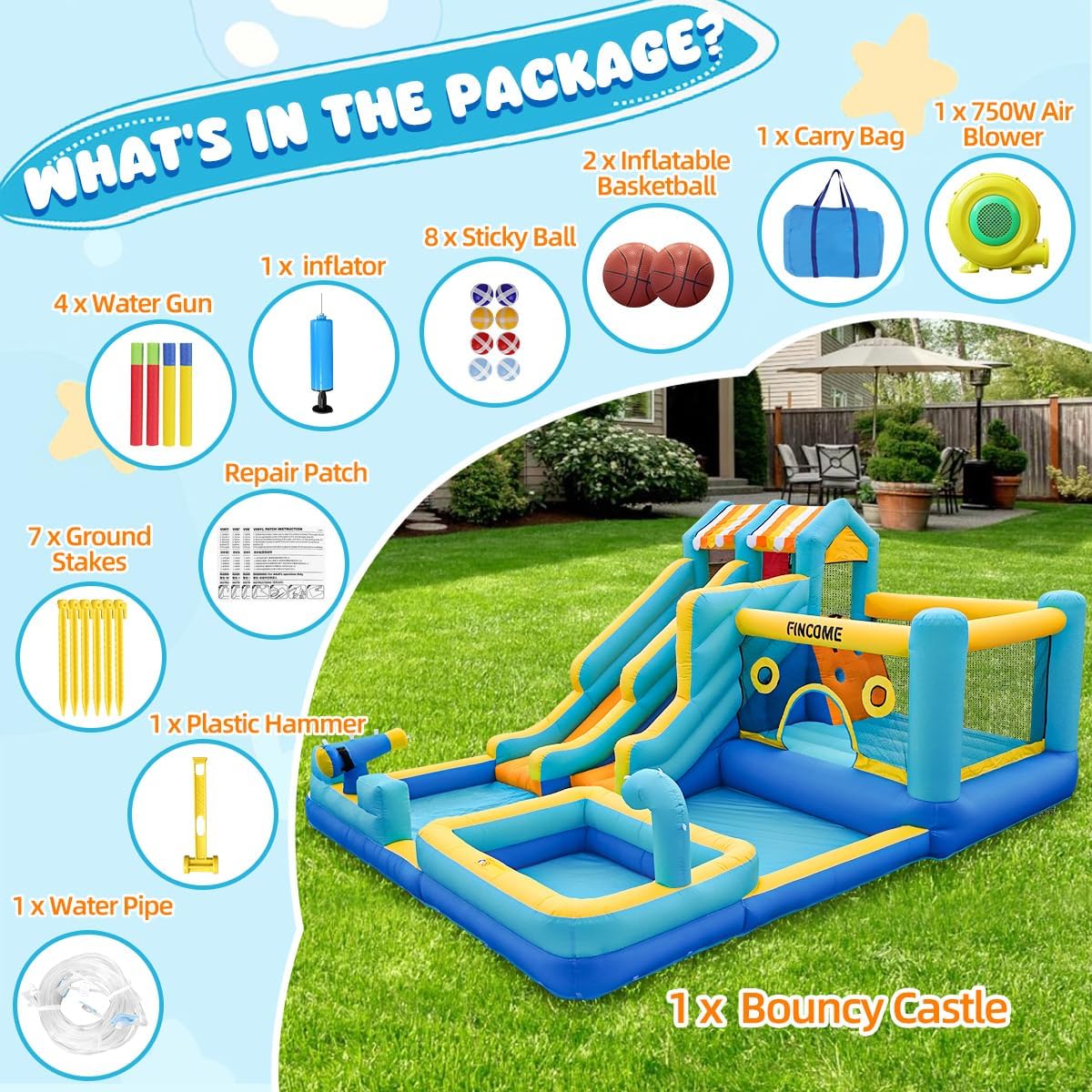 Thumbnail 6 de FINCOME 10-in-1 Inflatable Bounce House Water Slide with 750W Blower, Double Water Slides & Climbing Wall