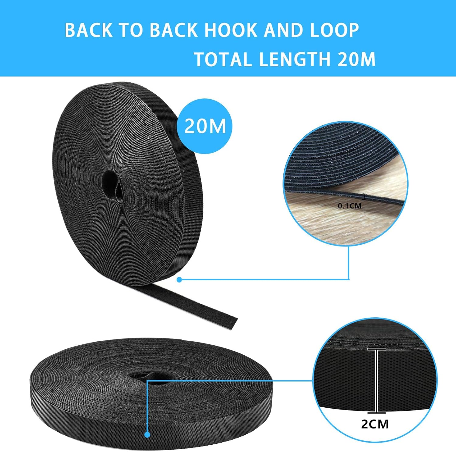 Thumbnail 6 de Gemi 20 m Klettband (20 mm) als Kabelbinder, zuschneidbar und wiederverwendbar – schwarz