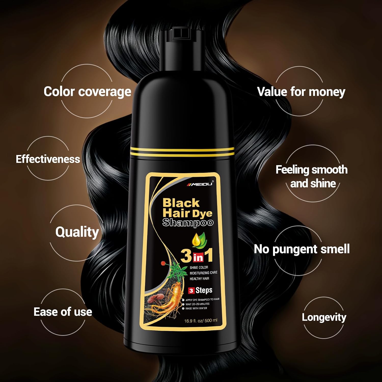 Thumbnail 3 de IIIMEIDU MEIDU Black Hair Dye Shampoo 3 in 1 — Gray Coverage, Semi-Permanent Color for Color-Treated Hair