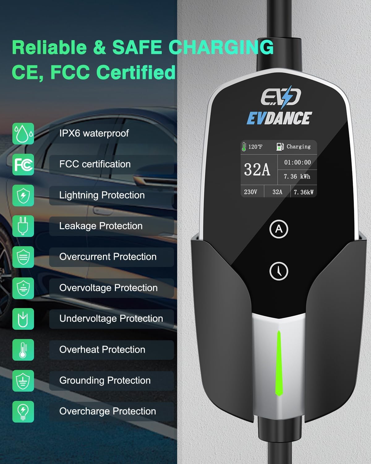 Detalle de EVDANCE EV Charger Type 2 to CEE Plug 7.36KW ⚡