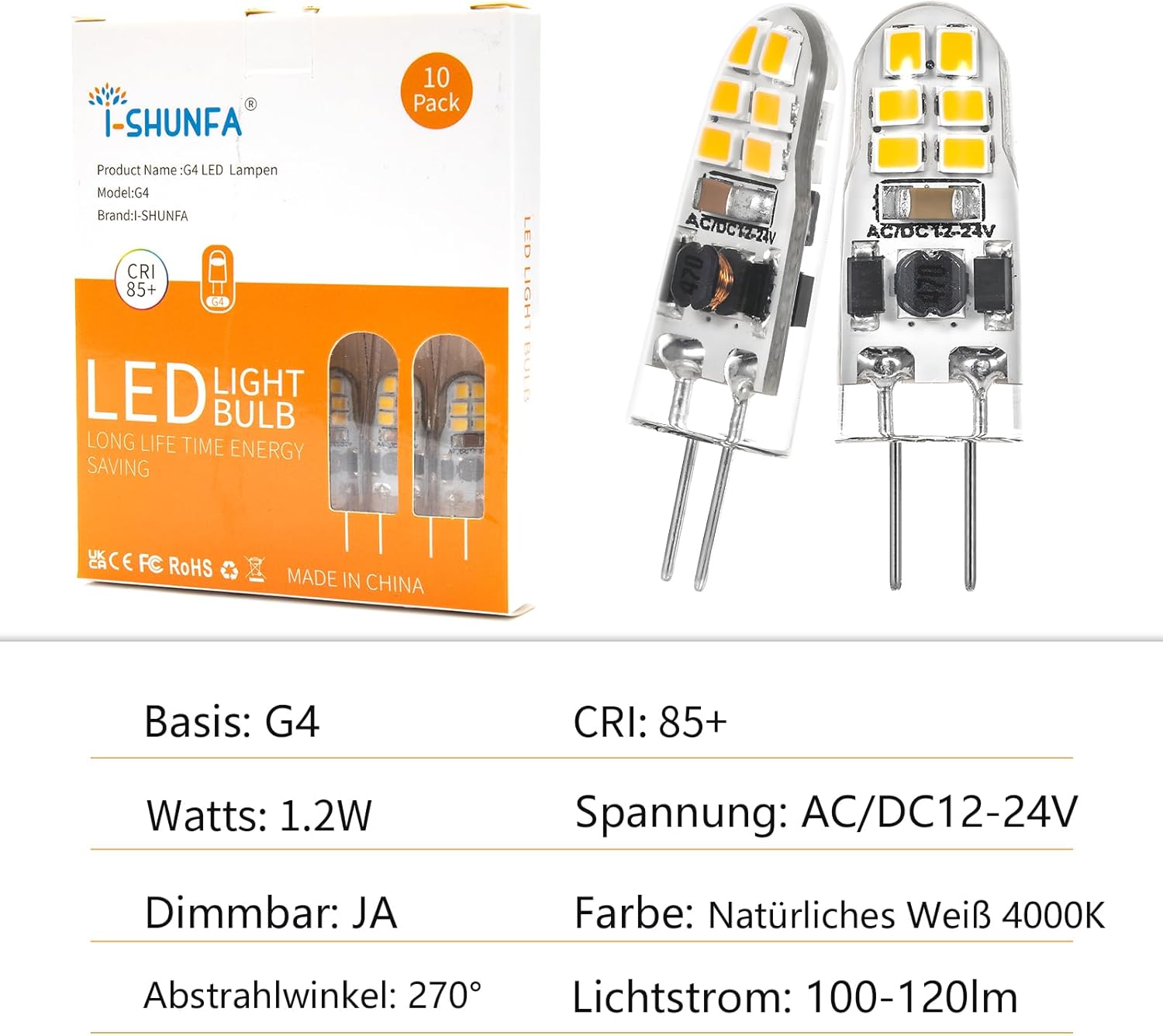Detalle 2 de I-SHUNFA Pack de 10 Bombillas LED G4 1.2W Regulable