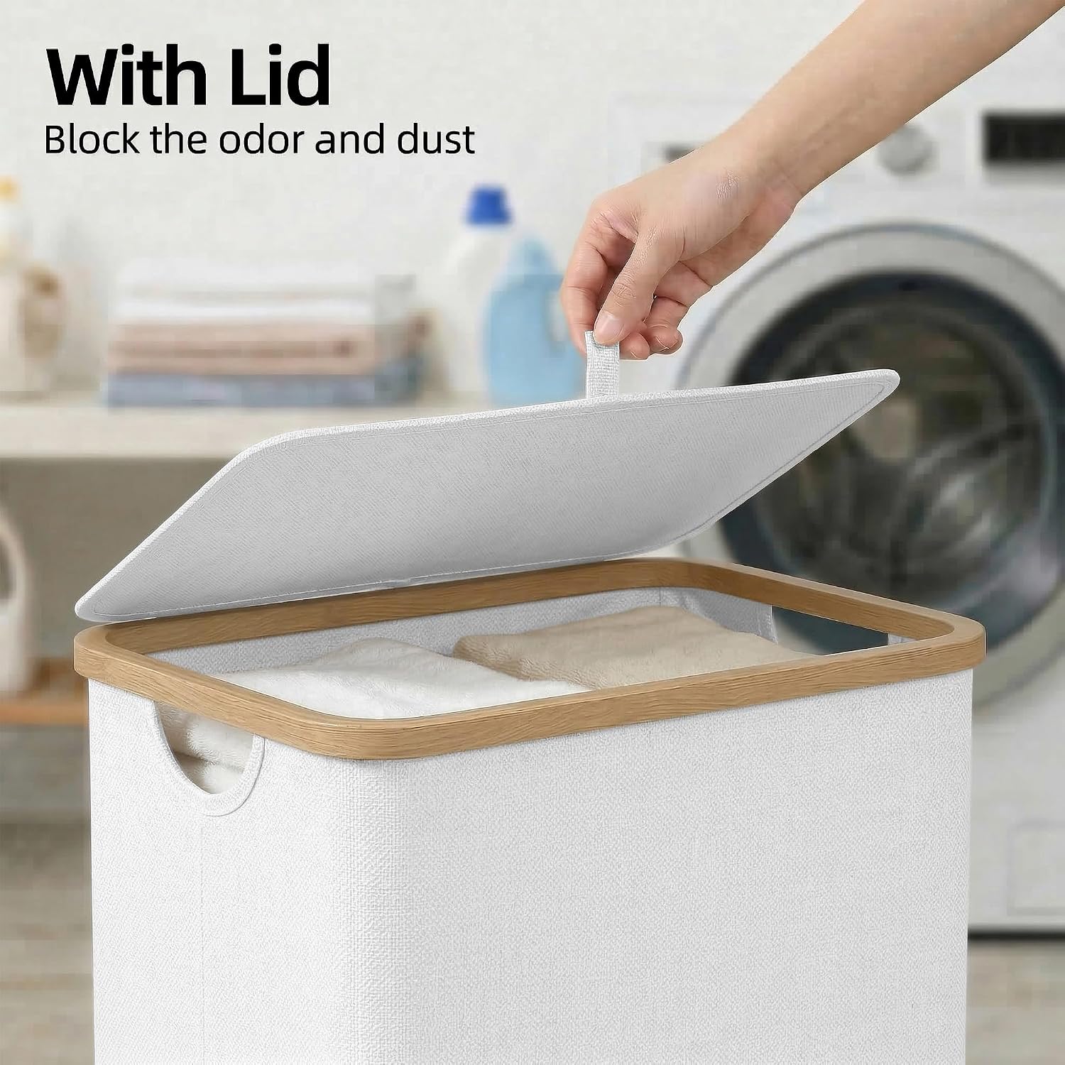 Detalle 2 de efluky 75L Slim Laundry Hamper with Lid, Removable Bag, and Bamboo Handles
