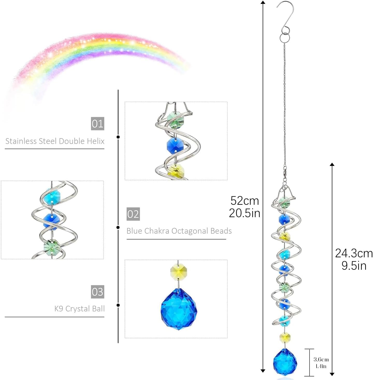 Detalle 1 de H&D HYALINE & DORA 20.5-Inch Crystal Gazing Ball Spiral Wind Spinner Suncatcher