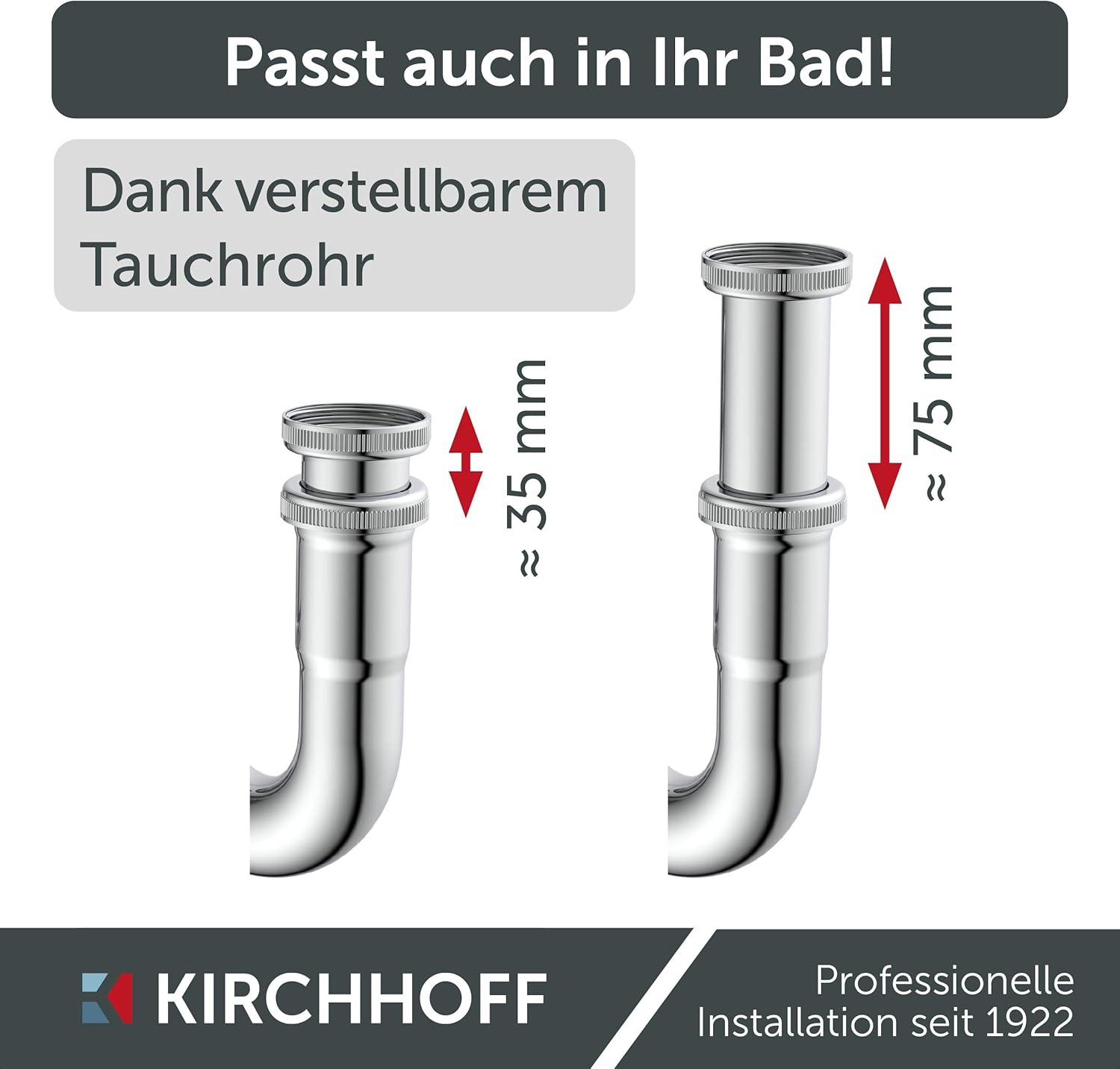Thumbnail 3 de KIRCHHOFF Siphon Bidet – Edelstahl-Siphon mit Abflussrohr und Tauchrohr, 1 1/4"/32 mm, Komplettset