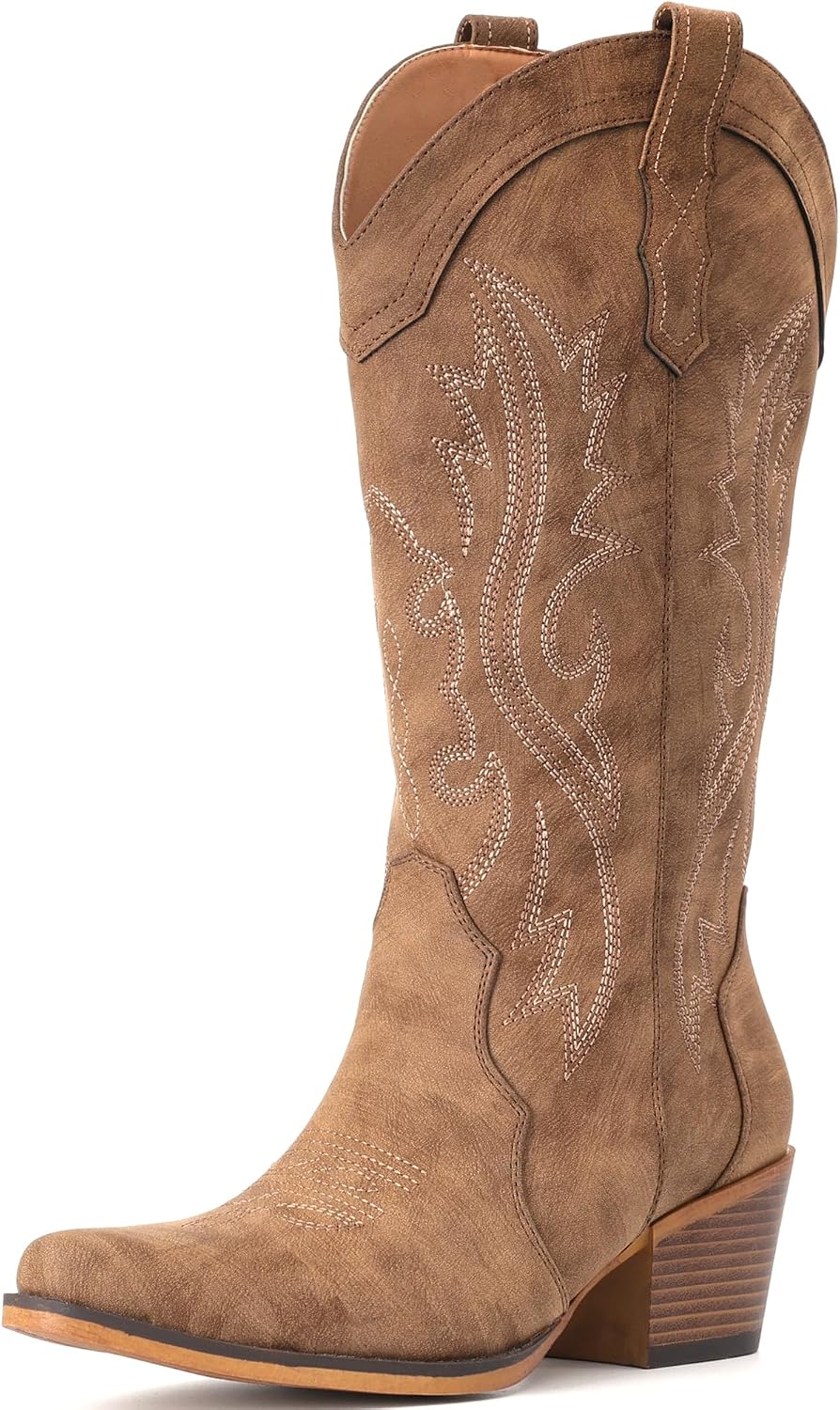 Detalle de IUV Women's Cowboy Boots with Chunky Heel and Snip Toe — Handcrafted Western Cowgirl Boots for Low Instep