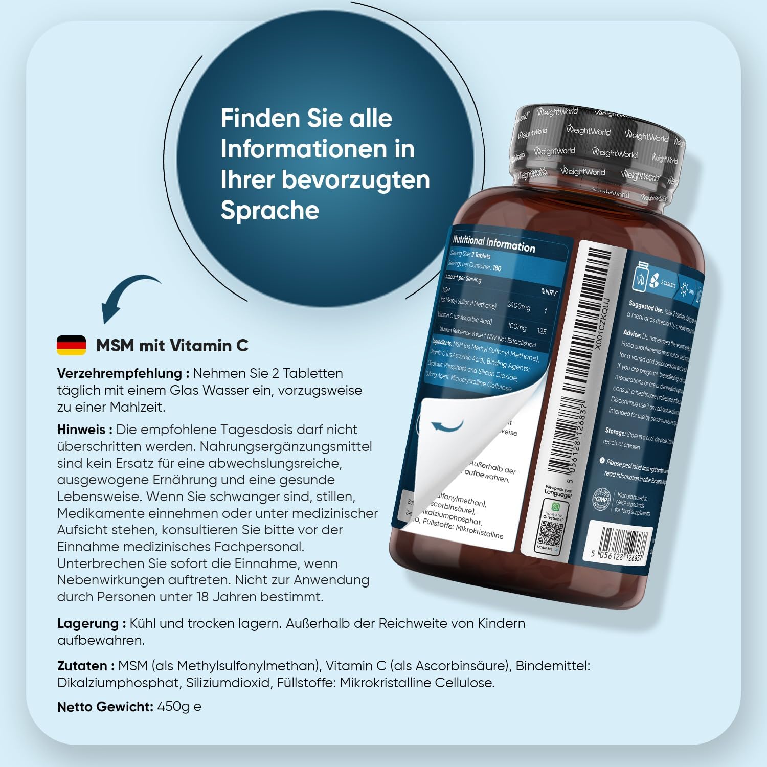 Thumbnail 3 de WeightWorld MSM Tabletten mit 2.400 mg MSM & 100 mg Vitamin C (360 vegane Tabletten) – 6-Monate-Vorrat