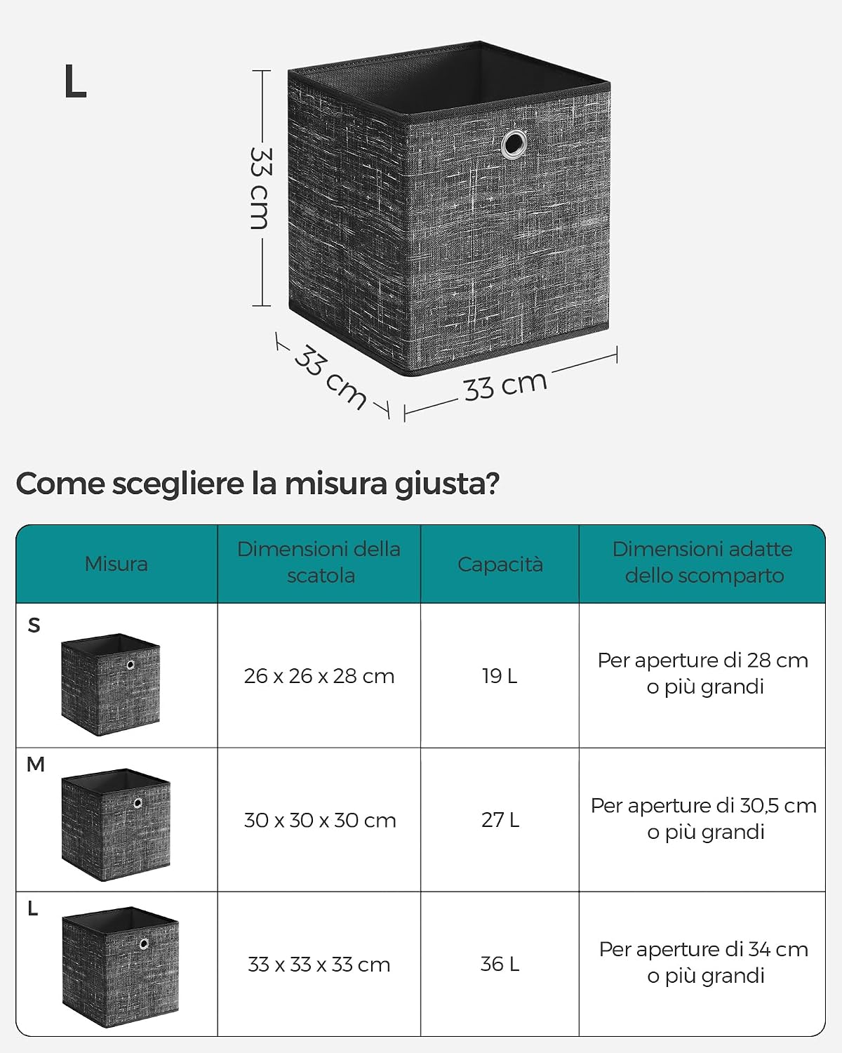 Detalle 2 de SONGMICS RFB033B01, set di 6 scatole portaoggetti in tessuto non tessuto con manico (33 x 33 x 33 cm)