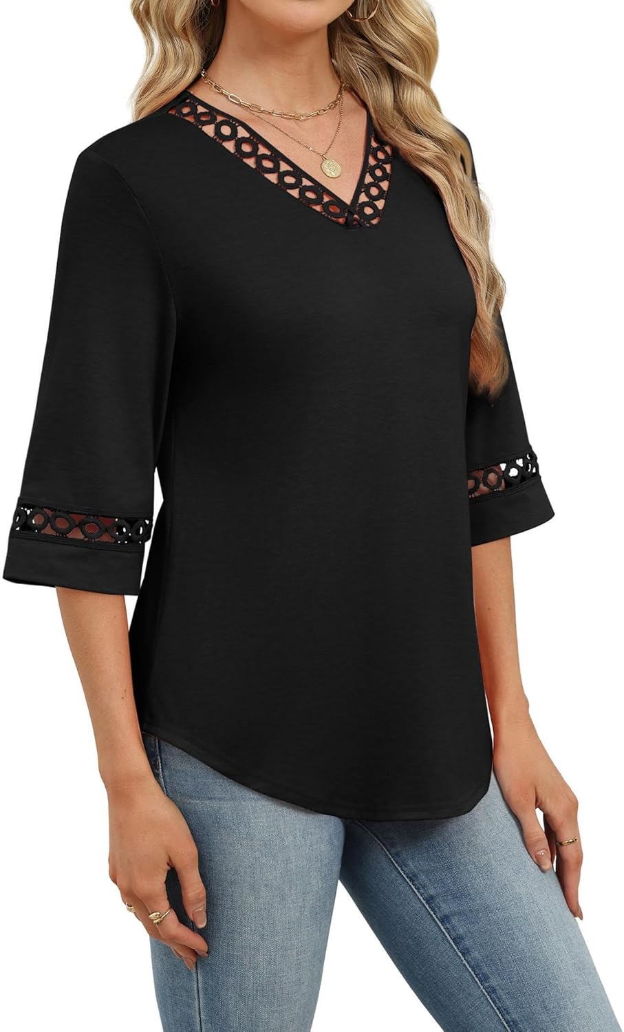 Detalle de WIHOLL Women's Eyelet Lace V-Neck 3/4 Bell Sleeve Blouse – Dressy Casual Work Top