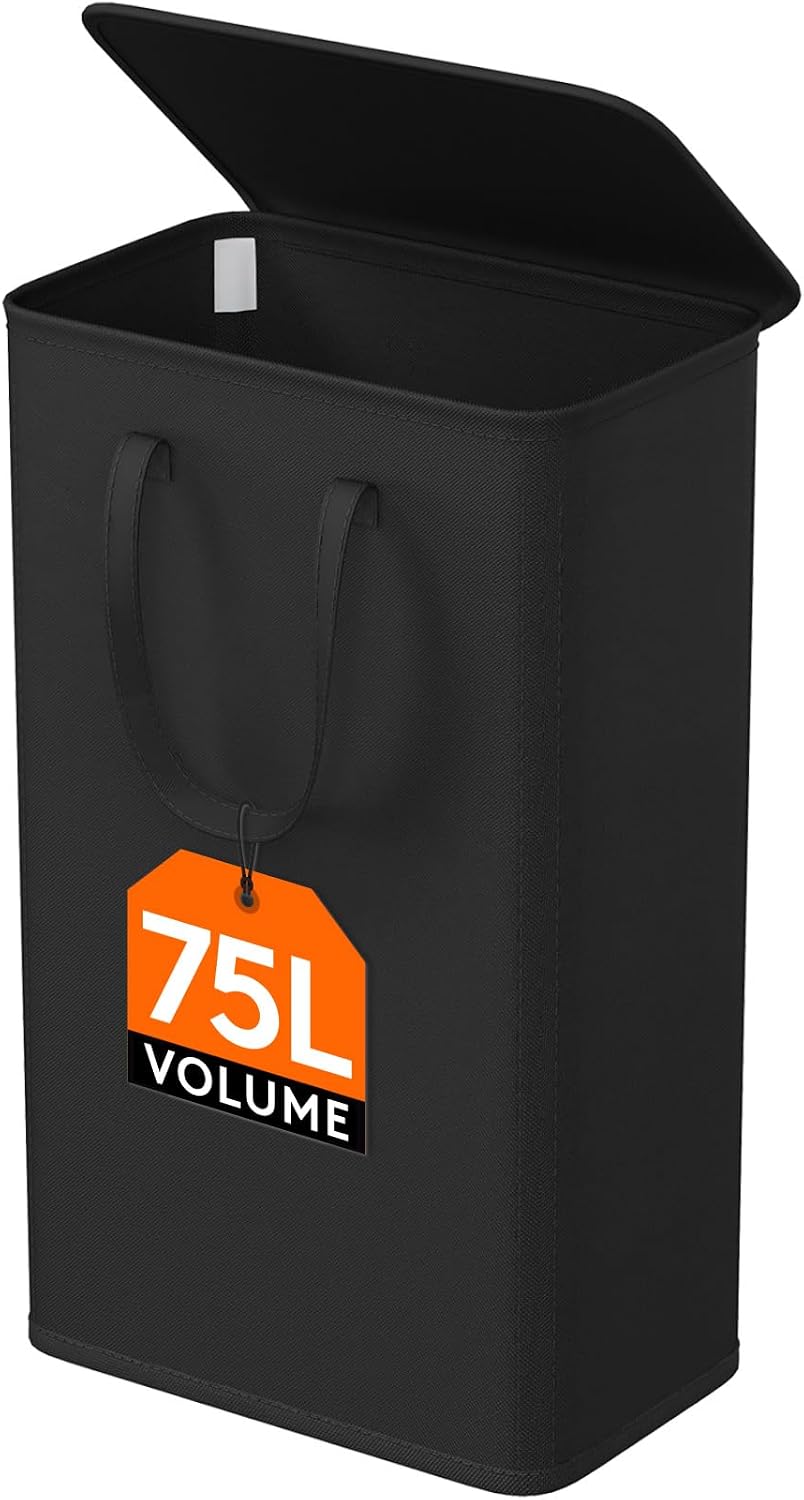 Detalle de Lifewit 24017 smalle wasmand van 75 liter met deksel, opvouwbaar, zwart