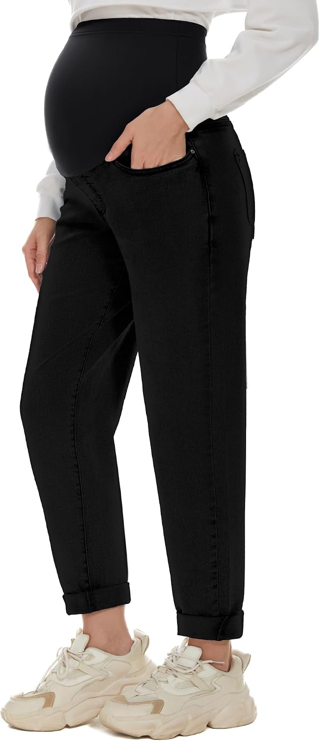 Detalle de POSHGLAM Women's Maternity Boyfriend Jeans with Over-the-Belly Panel