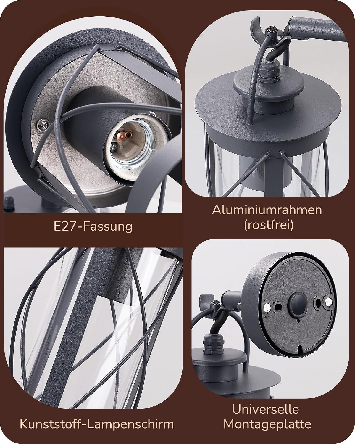 Thumbnail 6 de EDISHINE Wandleuchte Außen/Innen – Retro-Design mit Aluminiumrahmen, IP44, E27