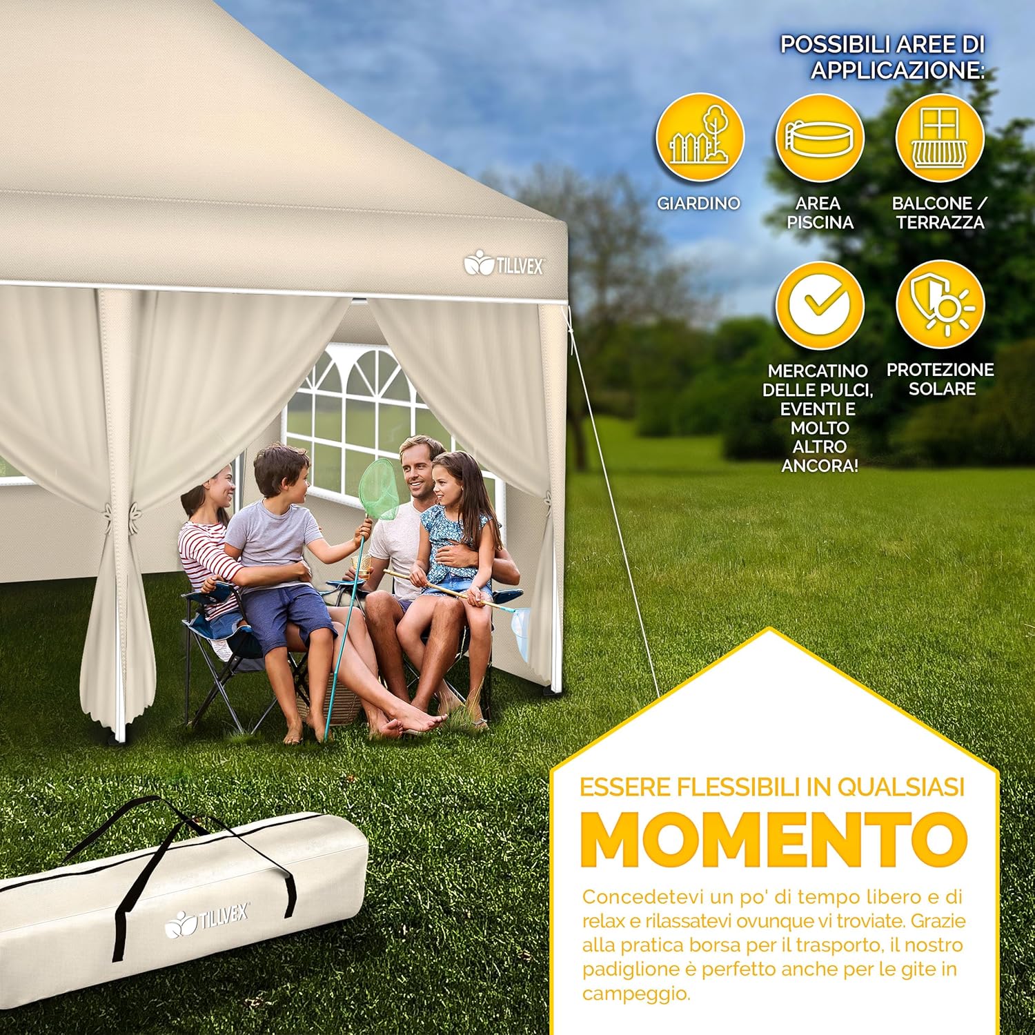 Thumbnail 6 de Gazebo tillvex 3x6 m pieghevole regolabile in altezza con tenda pop-up impermeabile UV 50+ e 6 pannelli laterali (beige)