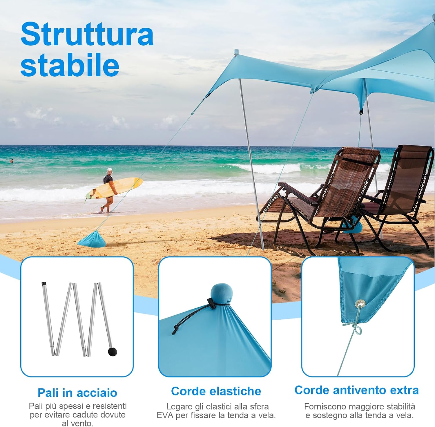 Detalle 2 de WolfWise Tenda da Spiaggia 3x3 m con Protezione UPF50+ e ancoraggio sabbia