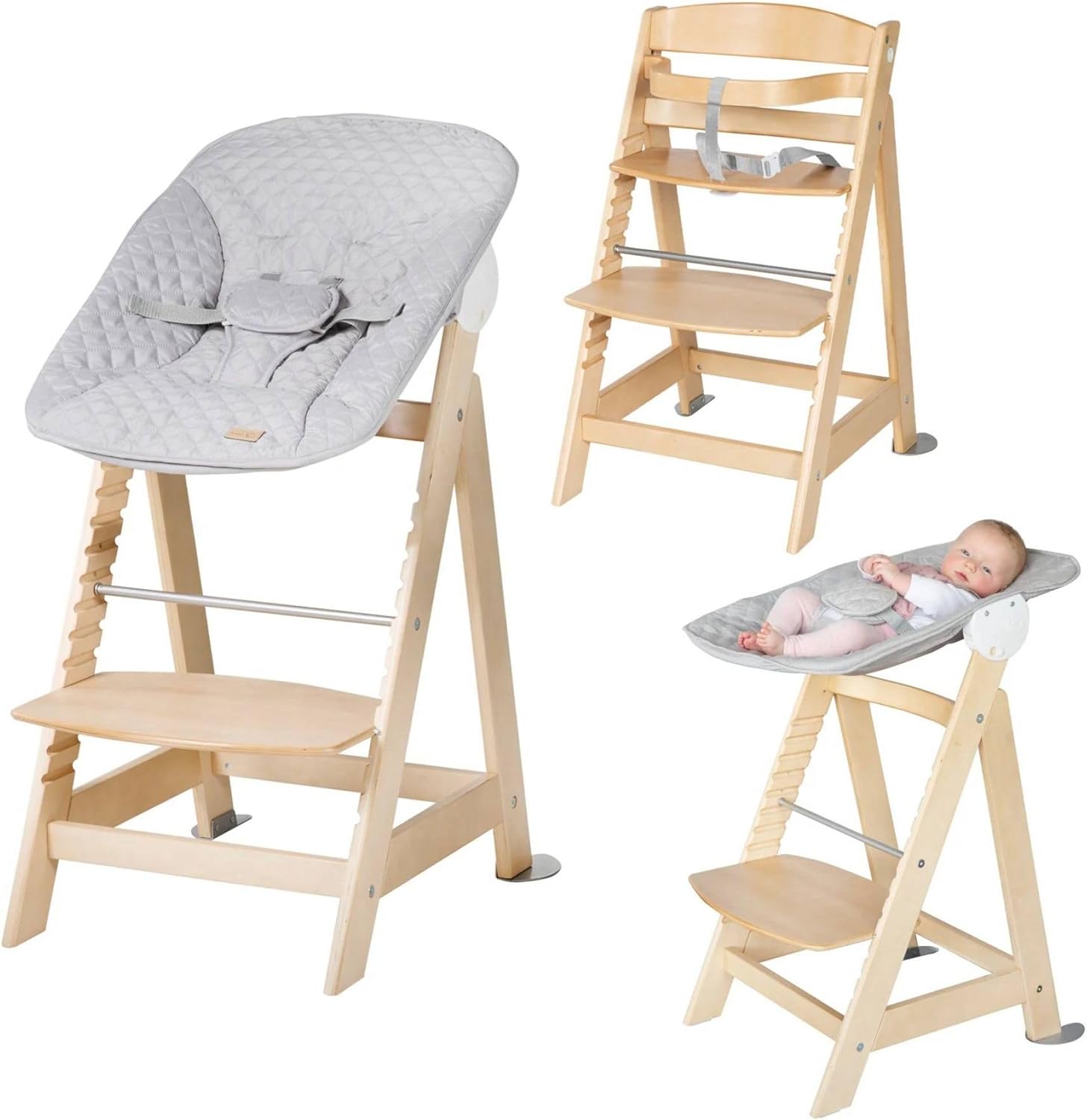 Detalle de Roba Chaise Haute Évolutive Born Up 2en1 + Transat Inclinable (Gris Argenté) – Dès la naissance