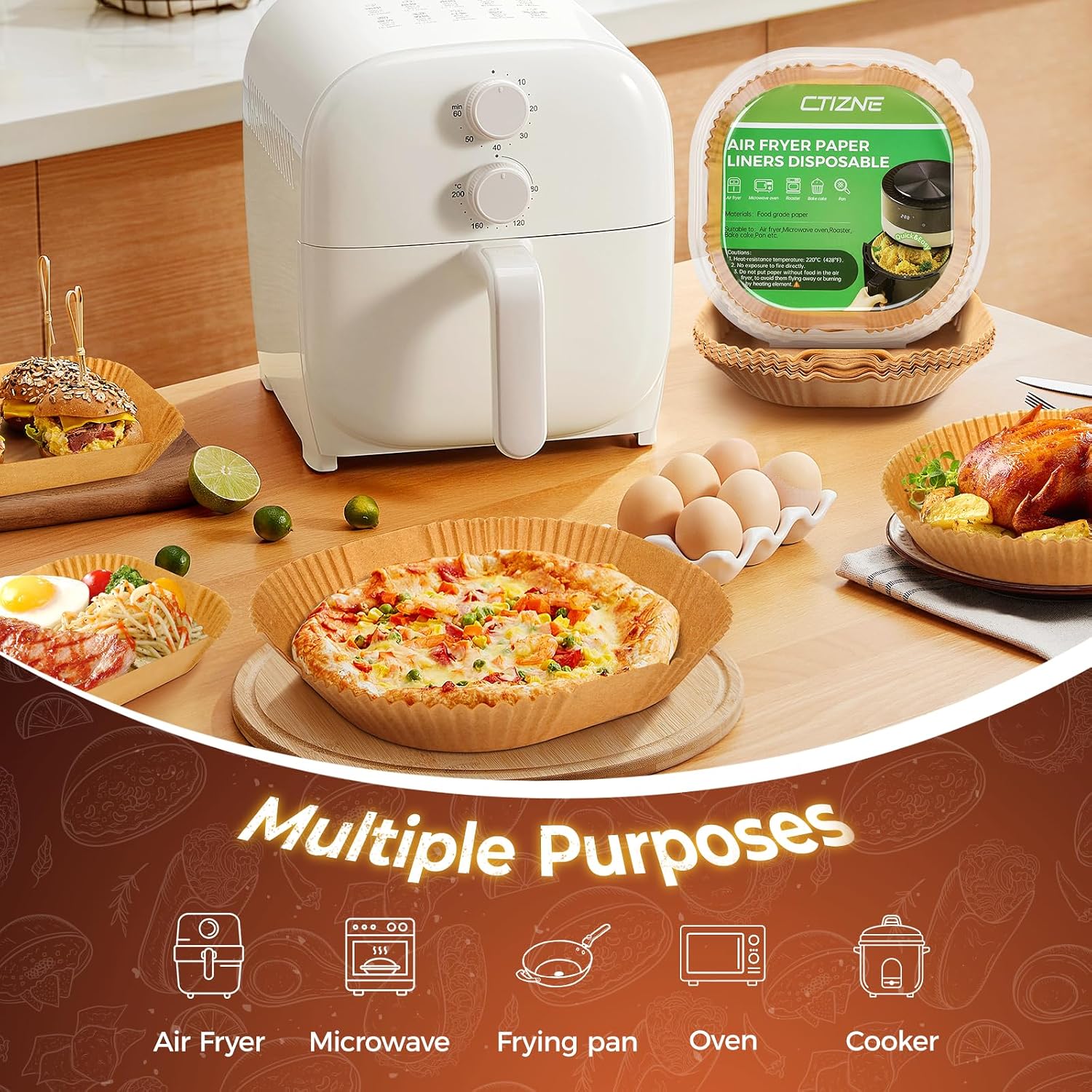 Thumbnail 3 de ctizne Air Fryer Liners Disposable 150Pcs 8" Square (5-8QT) – Leak-Proof Parchment Paper for Easy Cleanup