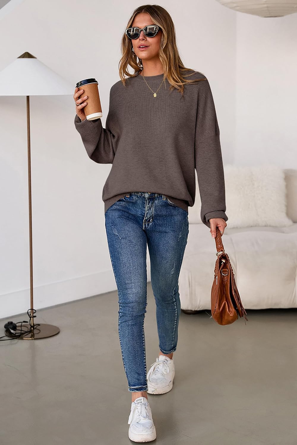 Detalle 1 de Arach&Cloz Women's Wool-Blend Oversized Sweater, Crewneck, Long Sleeve