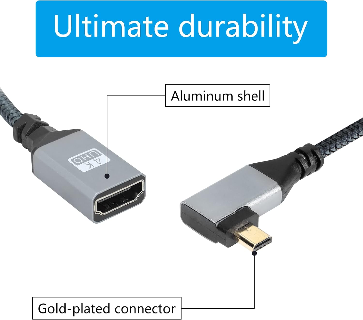 Detalle de RIIEYOCA 4K Micro‑HDTV auf HDMI Kabeladapter (90°) – Micro‑HDMI Stecker auf HDMI‑Buchse, Aluminium, 20 cm