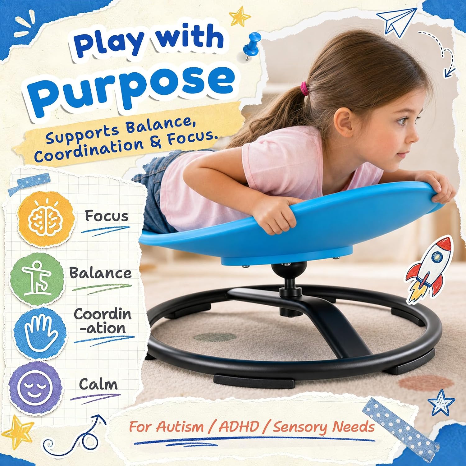 Detalle 2 de Pterying LY-8303 Sensory Spinning Chair, 360° Swivel, Azure Polypropylene
