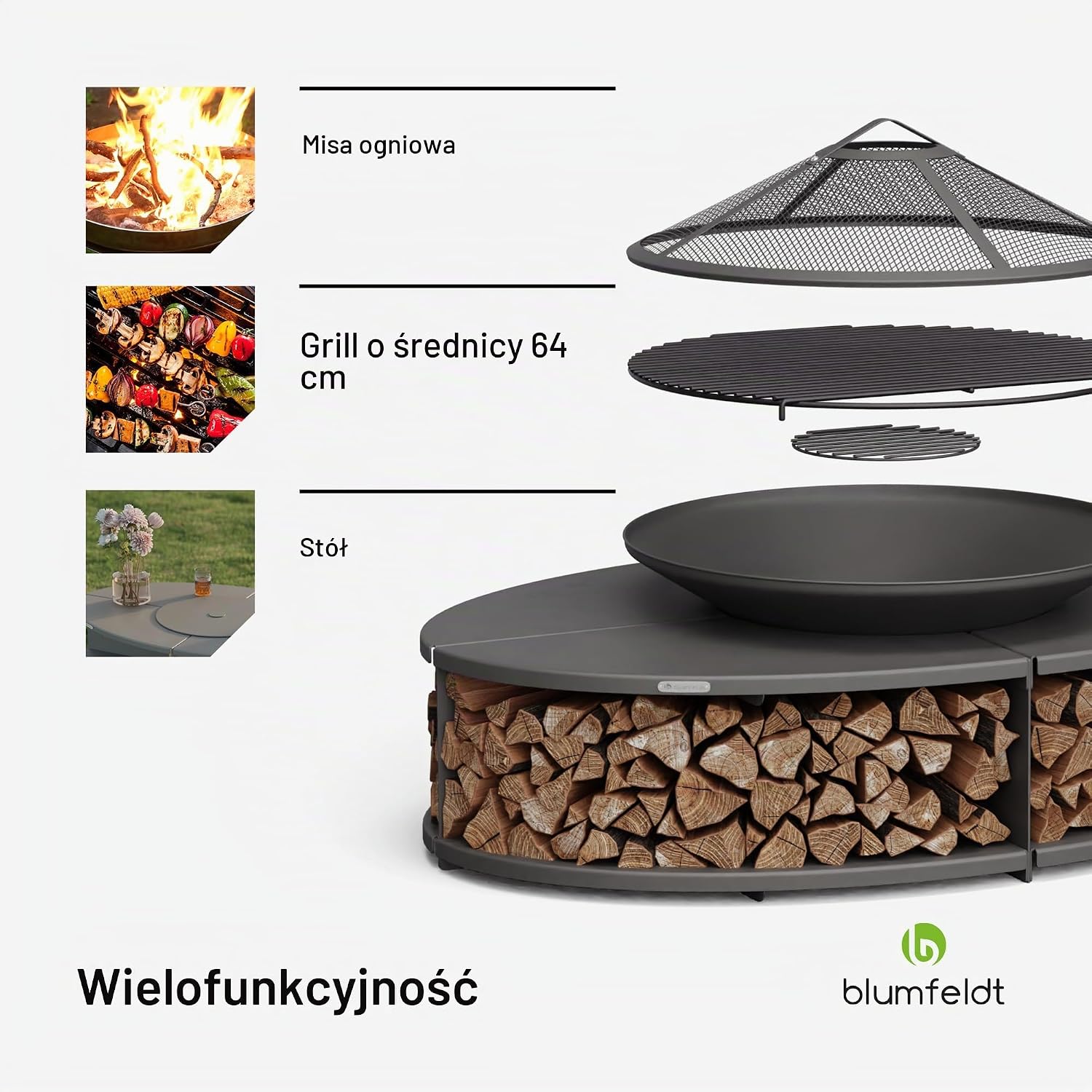 Detalle de Blumfeldt Ebeko – palenisko ogrodowe 3 w 1, grill i stół ze stali