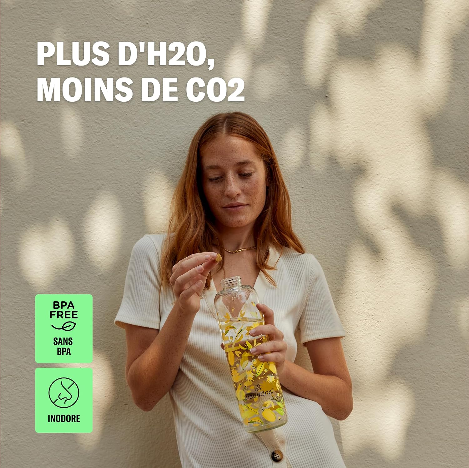 Detalle de waterdrop® Bouteille en Verre 600ml — Gourde Borosilicate avec Bouchon Bambou et Housse Néoprène