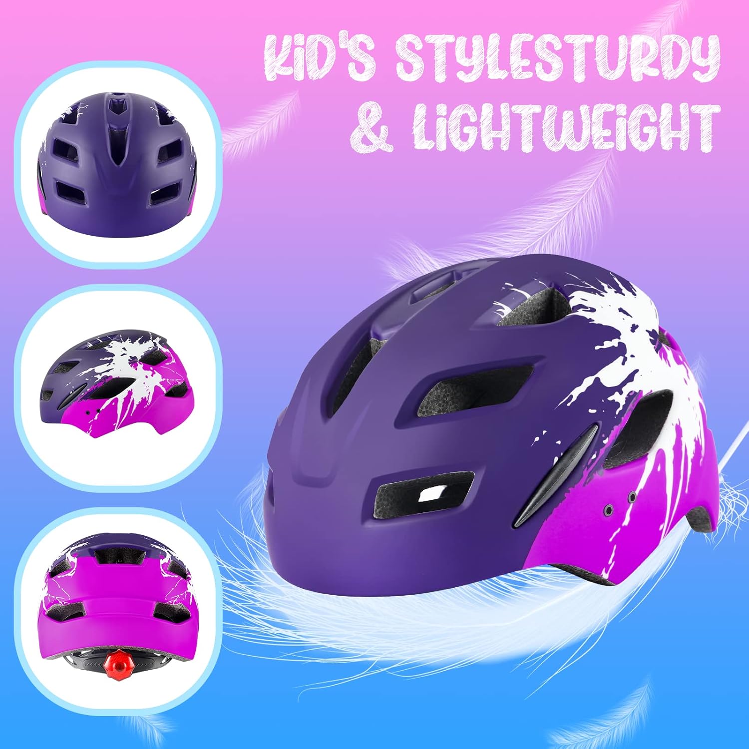 Detalle 2 de RaMokey Casque de vélo léger pour enfants – réglable 48-56 cm, feu arrière et visière amovible