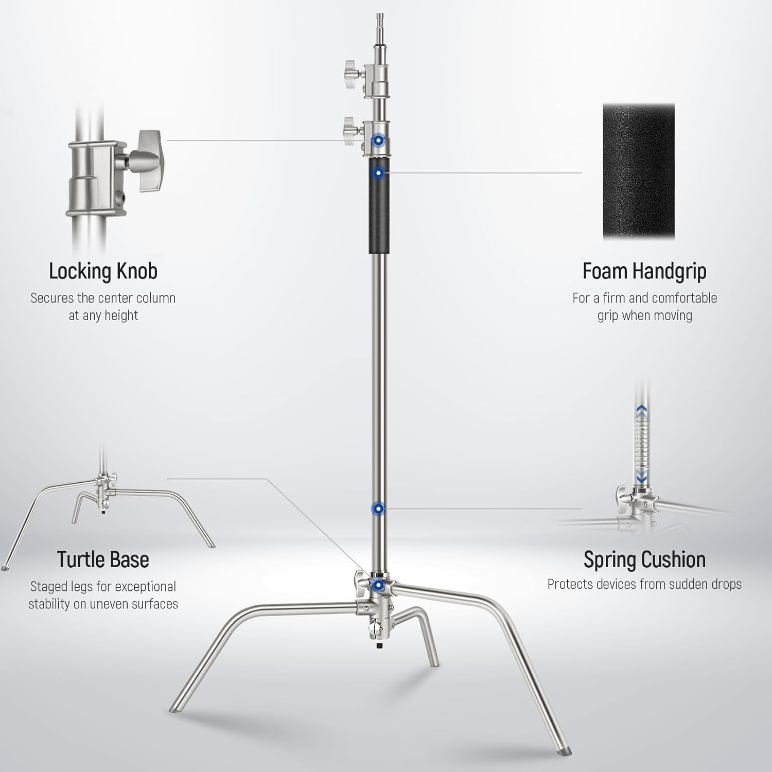 Thumbnail 6 de NEEWER BASICS SC320 Lite stainless steel C stand with boom arm (up to 10.5ft/320cm) — heavy duty studio light support