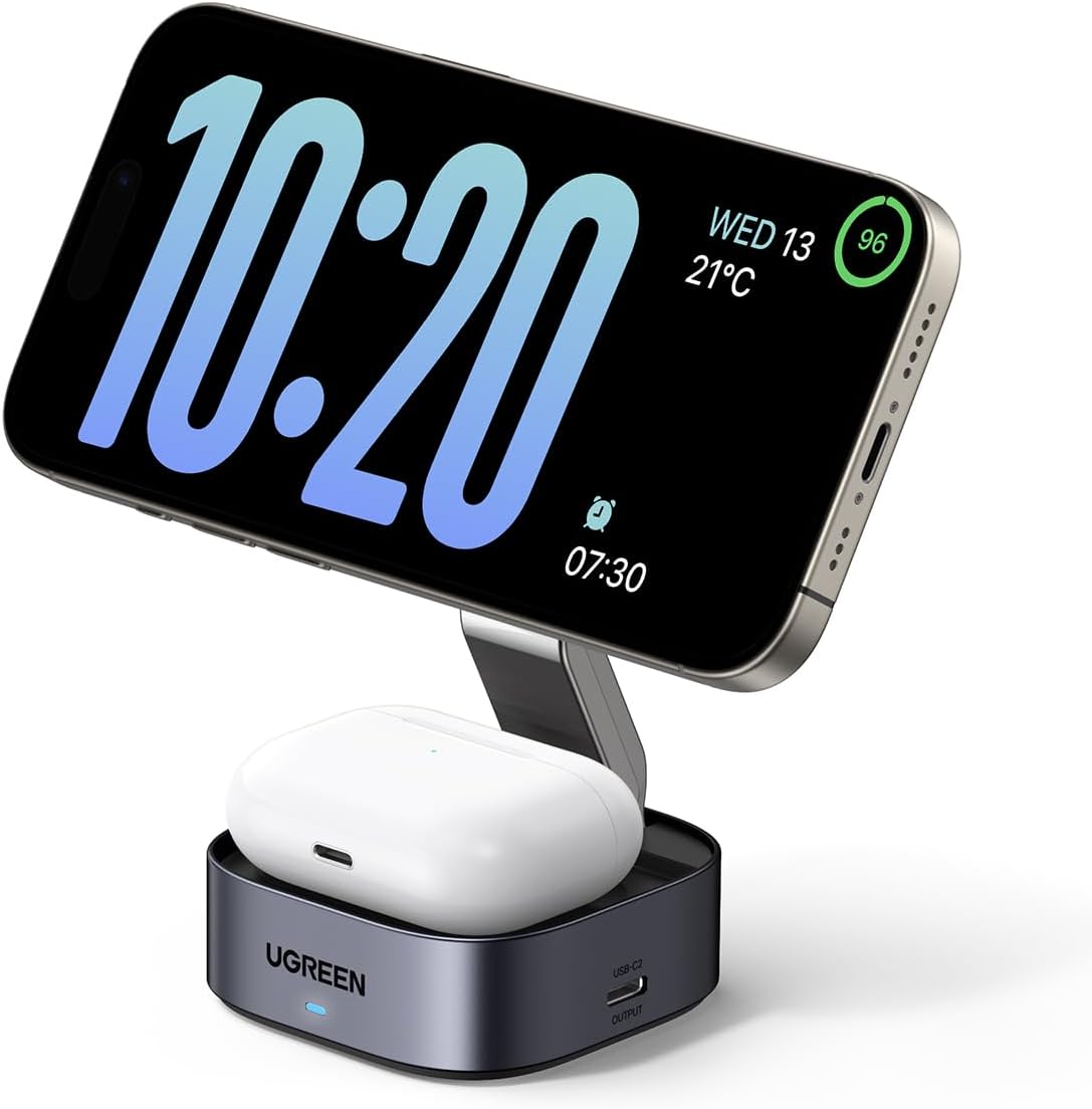 Detalle de UGREEN MagFlow MagSafe 2‑in‑1 Wireless Charger Stand