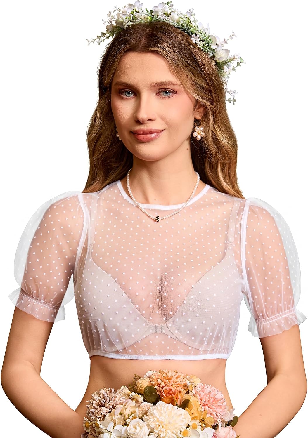 Detalle de DIRNDLSTERN Dirndlbluse Damen Weiß – Transparente Punktebluse mit Puffärmeln, Kurzarm