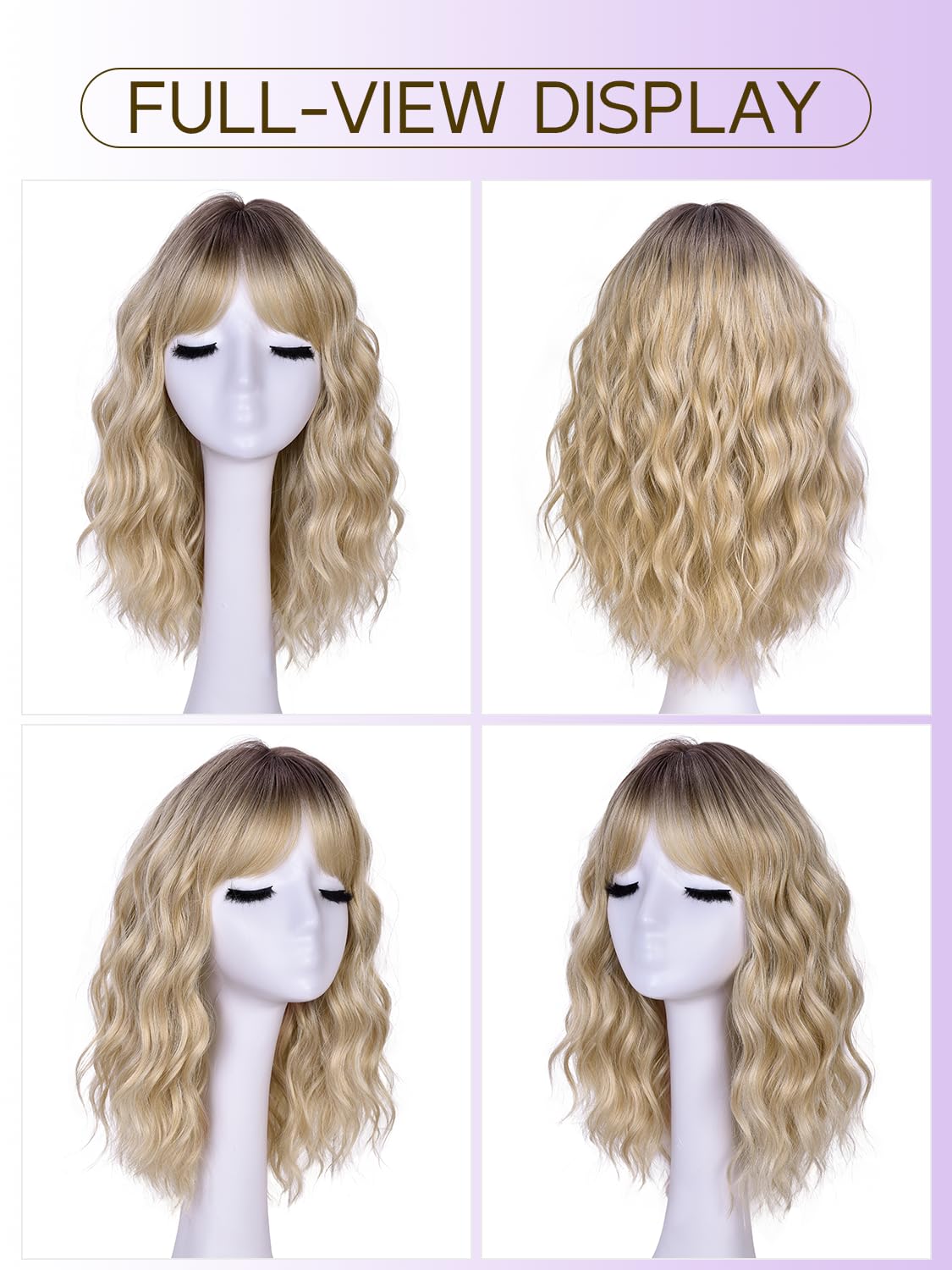 Thumbnail 4 de Short Wavy Wig with Bangs for Women - Ombre Blonde Synthetic Bob Wig