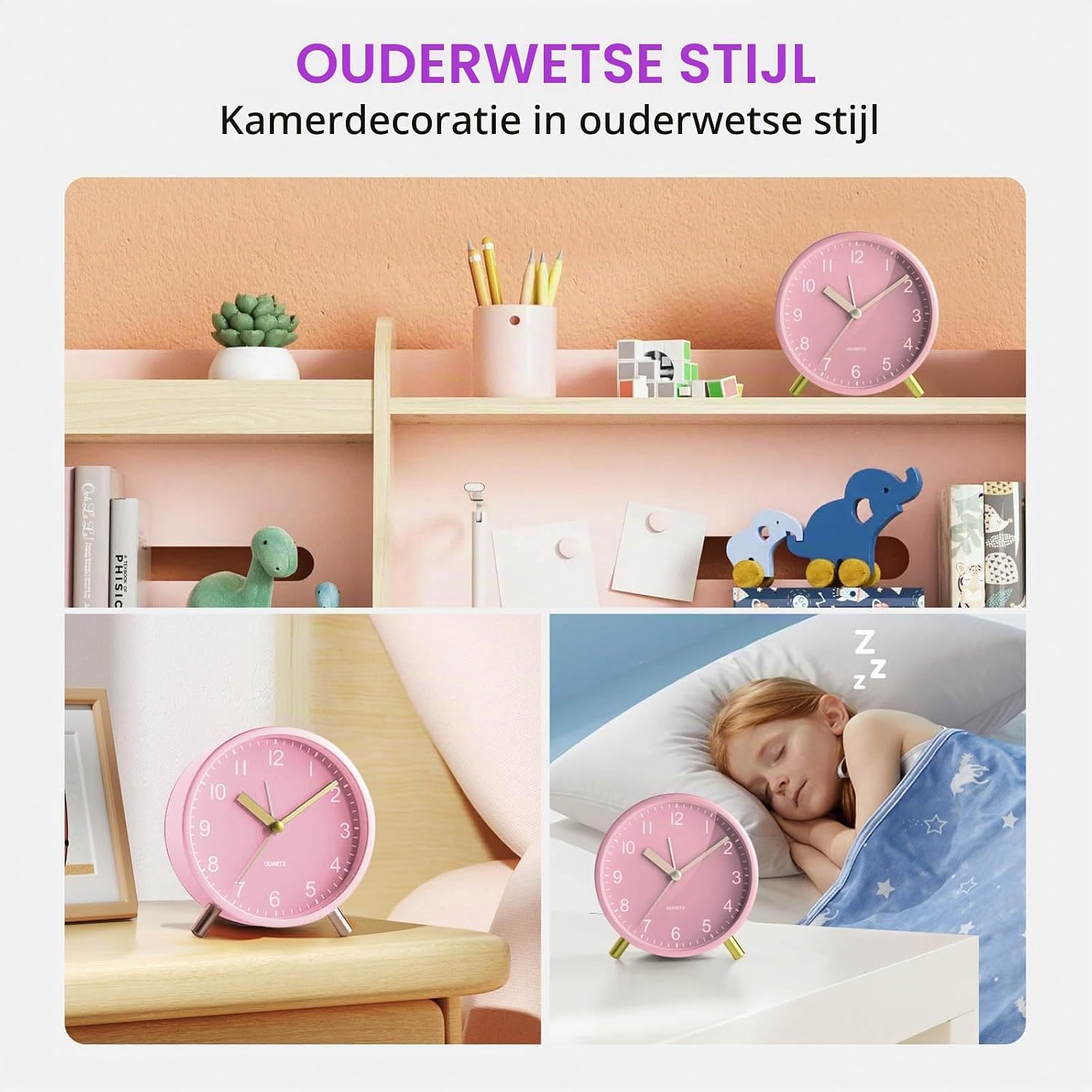 Thumbnail 3 de Azxb Azxb-alarm clock analoge wekker, stil met nachtlampje en metalen frame