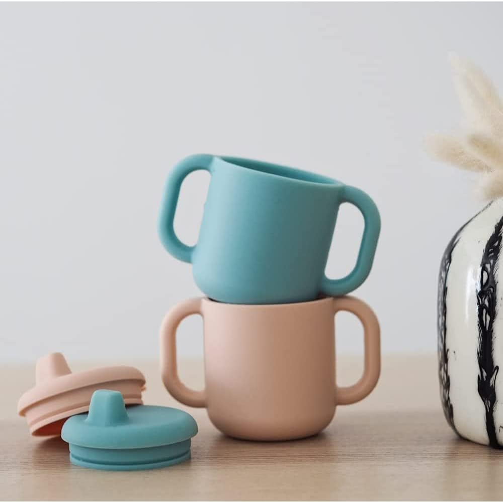 Detalle de BÉABA 2 in 1 Tazza/Biberon da Allenamento in vetro con maniglie rimovibili – 210 ml, Blu Vento