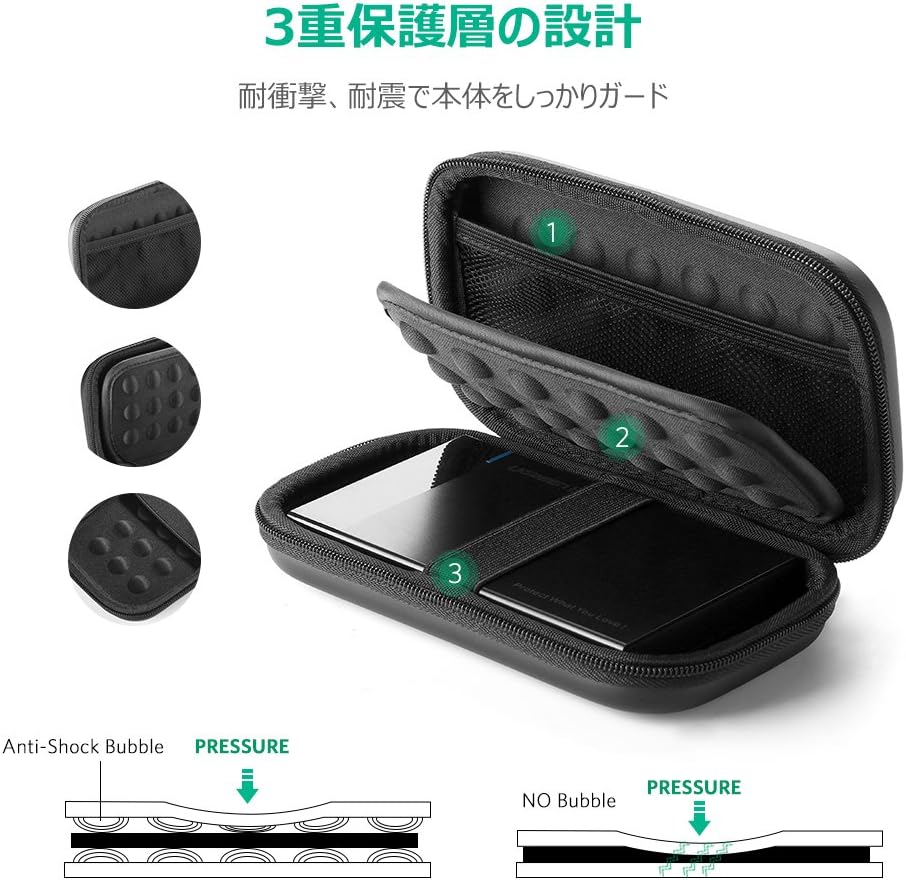 Detalle 2 de UGREEN 2.5インチHDD・SSD収納ケース EVAハードタイプ、小物収納対応 17.3×10.3×4.4cm