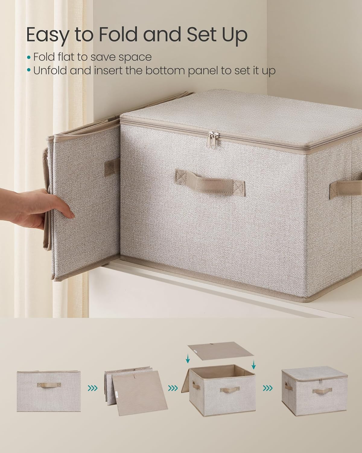 Detalle 2 de SONGMICS Foldable Storage Organiser Boxes (Set of 3) with Lids, Handles, Sand Beige RZB003K01
