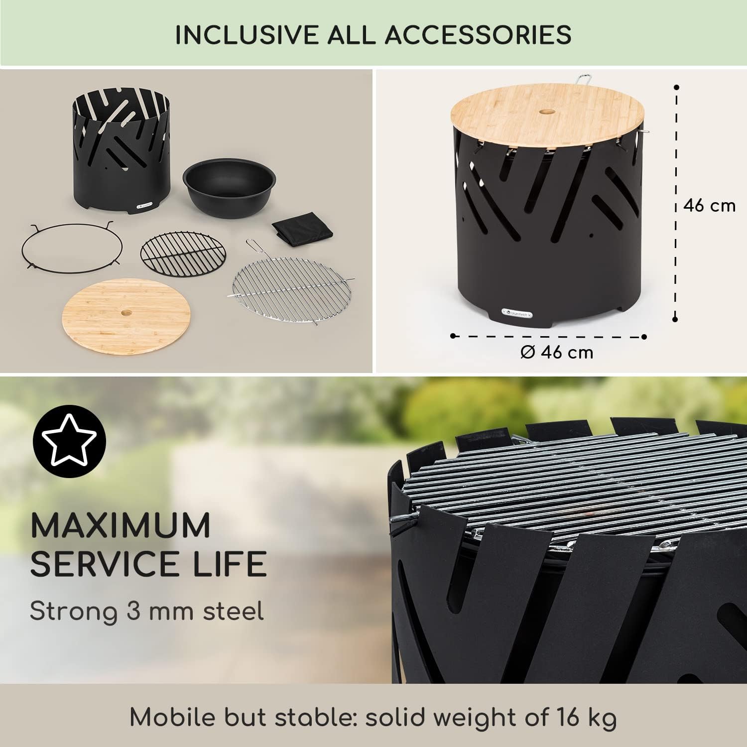 Thumbnail 4 de blumfeldt Crown GDI11-Crown-BK Steel Fire Bowl with Grill and Bamboo Lid