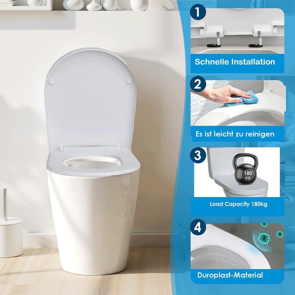 Thumbnail 3 de SAINOS Duroplast WC-Sitz D-Form mit Absenkautomatik – Edelstahlscharnier, One-Touch-Schnellverschluss, robuste Reinigung